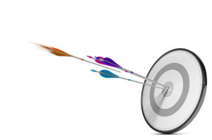 One target with three colorful arrows hitting the center. Concept image for illustration of successful Marketing strategy plan or advertising success.