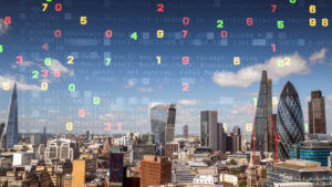 data computer code edited over a photo of the london skyline - tech nation have released their report on UK tech